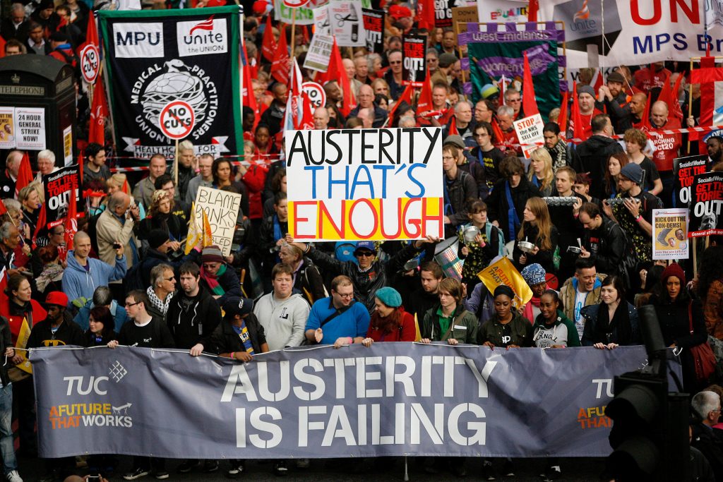 Demonstrators take part in a Trades Union Congress march against the government's austerity measures on Oct. 20, 2012 in London, England. Photo by Warrick Page/Getty Images