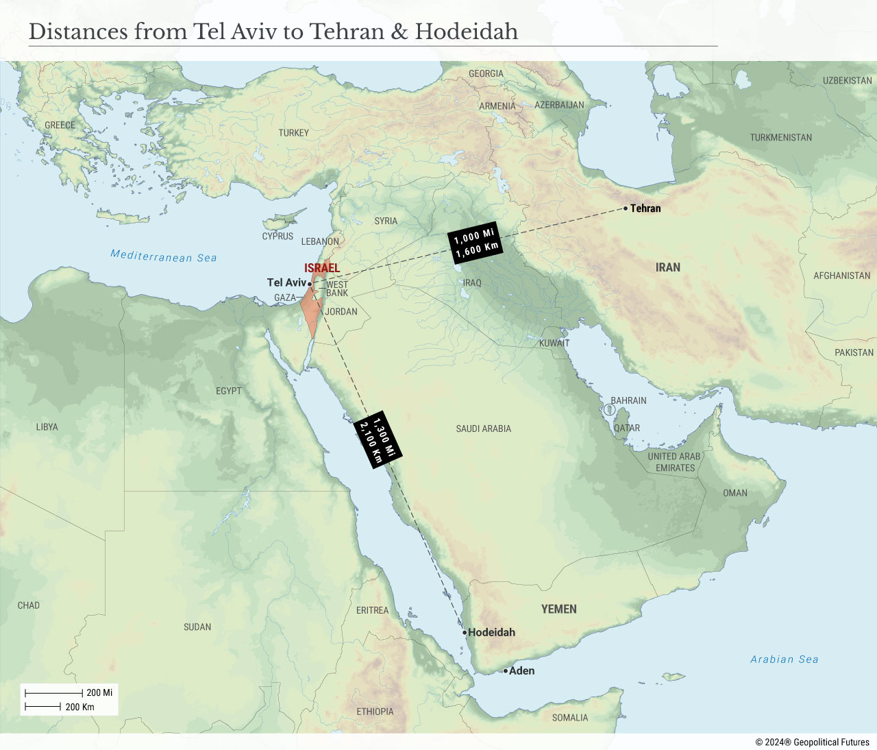 Distances from Tel Aviv to Tehran & Hodeidah