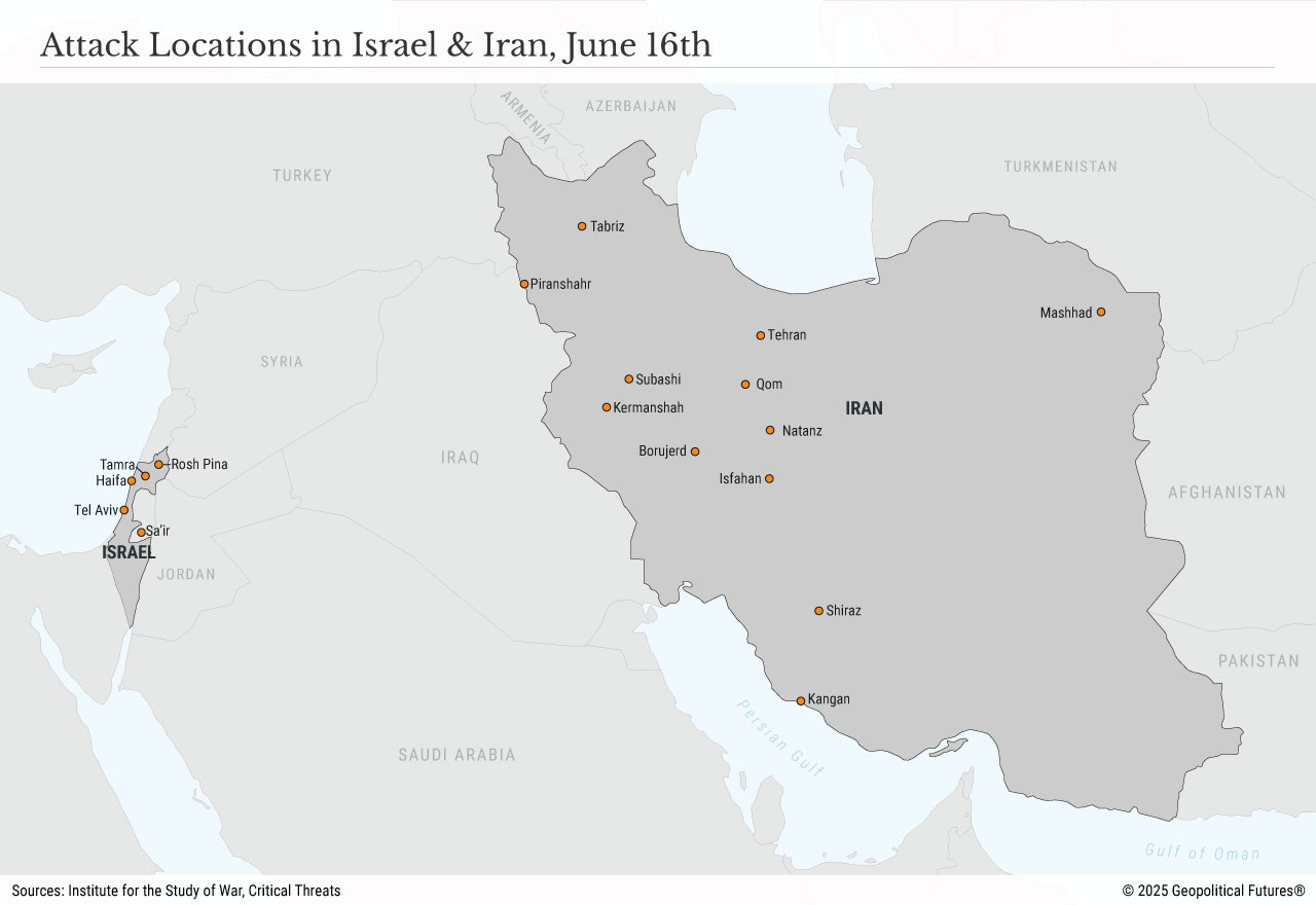 Attack Locations in Israel & Iran, June 16th, 2025